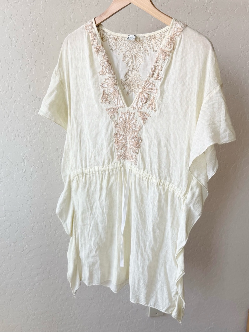 Free People drawstring waist tunic butter yellow embroidered swim cover up